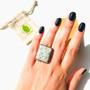 White Dendritic Opal Dendrite square gem stone sterling silver 925 Ring Size 6.5